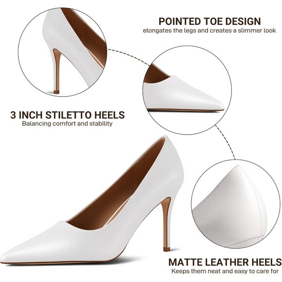 Women White Pointed Toe Slip-on Closed Toe 3 Inch Stiletto Pumps High Heels - Picture 6 of 8